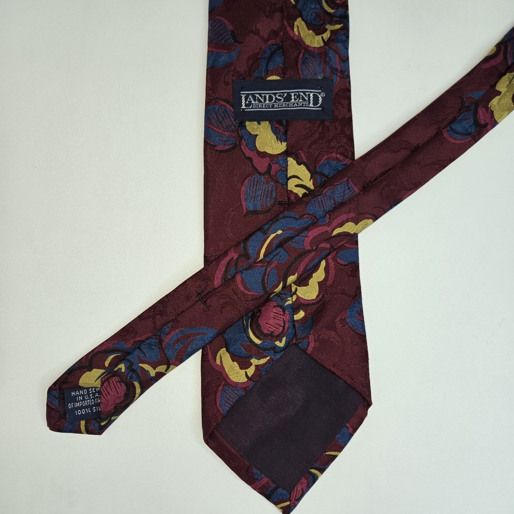 Vintage Lands End Silk Tie Burgundy Blue Gold Floral Art Nouveau 90s 3.5" x 58" - Picture 4 of 6